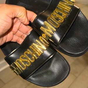 Moschino Womens Black Slides with Gold Logo